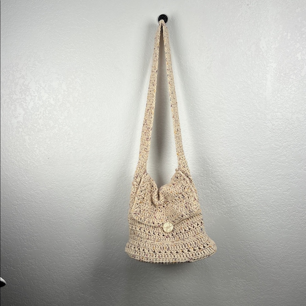 Womens Beige Multi Color Crochet Shoulder Bag Drawstring Button Closure Bohemian